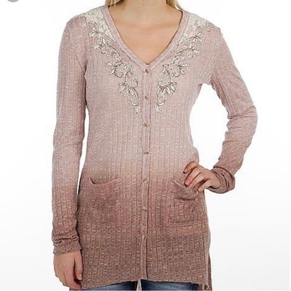 Miss Me beaded Ribbed pink cardigan Sweater Small S